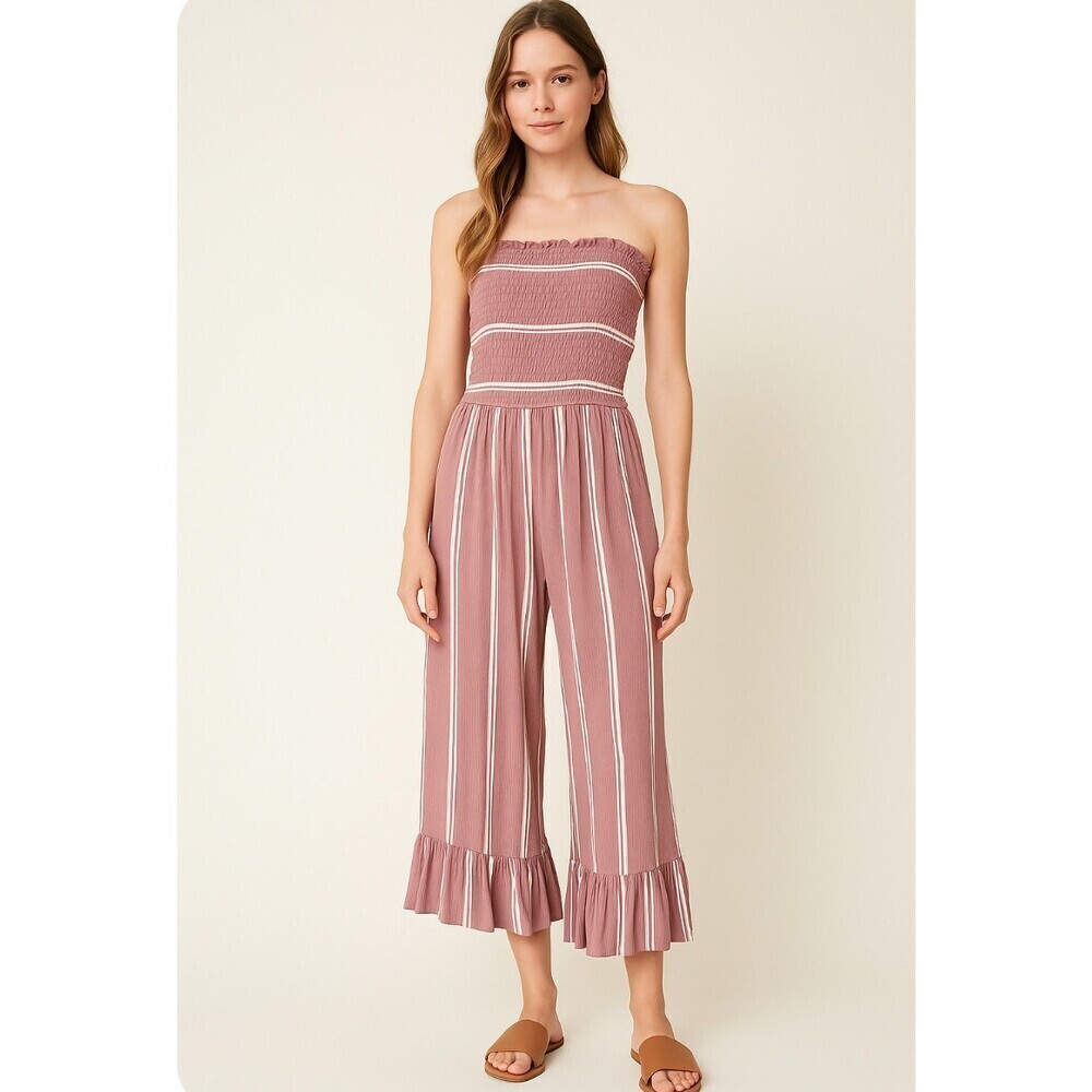 Altar'd State Strapless jumpsuit, mauve jumpsuit, smocked bodice, wide leg SZ M